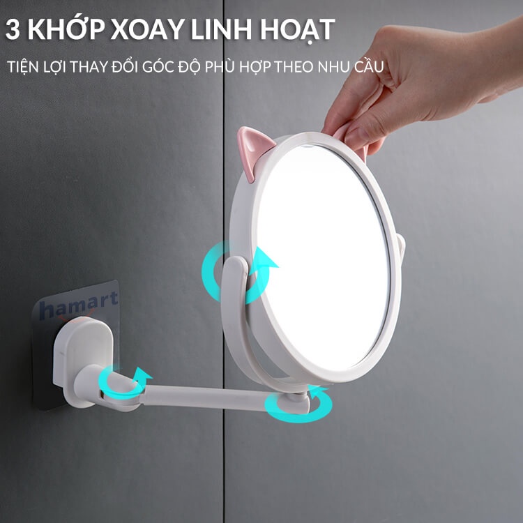Gương Trang Điểm Treo Tường Tai Mèo Hamart Gương Tròn Mini Dán Tường Nhà Tắm Xoay 360°