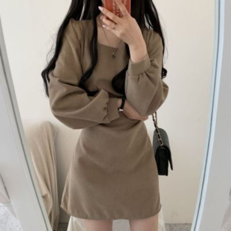 Đầm Cổ Vuông Nhấn Eo Cao Tôn Dáng Thời Trang Phong Cách Hàn Quốc Cổ Điển