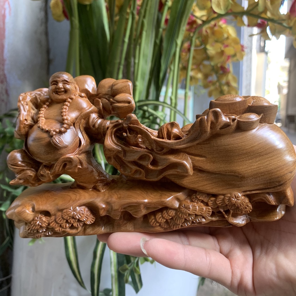 Tượng Gỗ Chạm Khắc Nguyên Khối Hình Phật Di Lặc Kéo Bao Đế Tùng Trang Trí Nhà Cửa