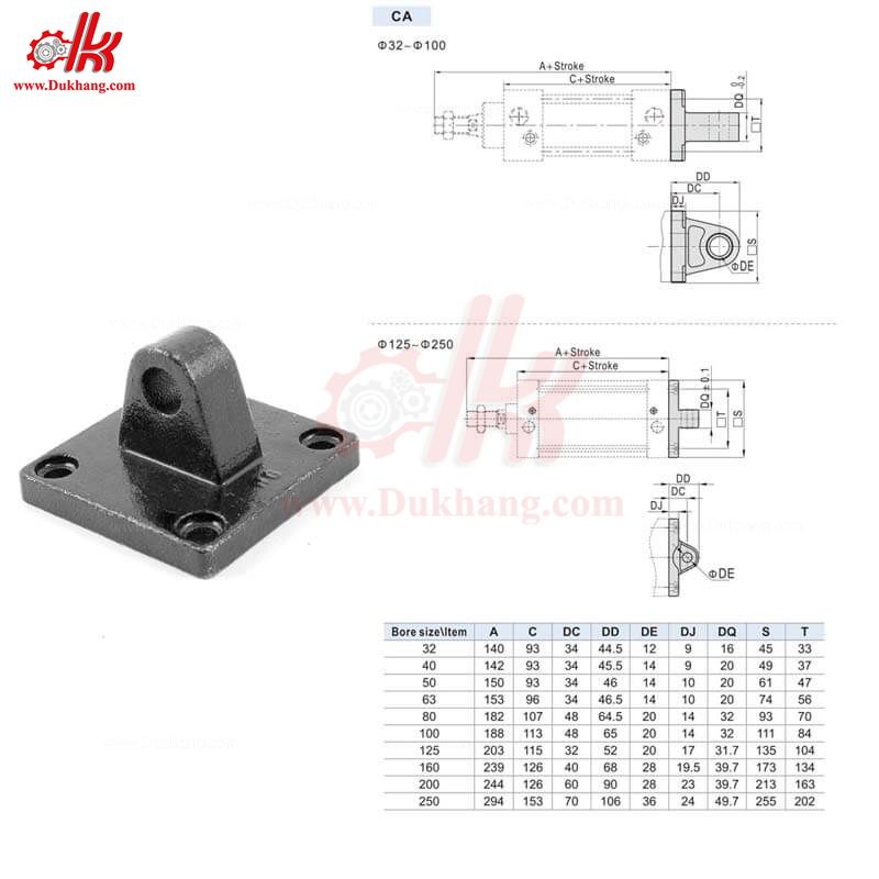 Đế xi lanh khí nén CA32 CA40 CA50 CA63 CA80 CA100 - Đế gắn xilanh vuông CA
