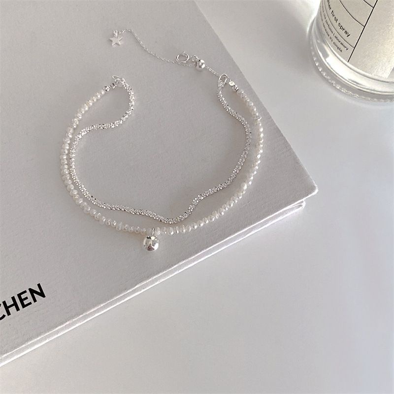 Vòng tay bạc nữ S925 - Lắc tay nữ bạc Ý 2 lớp hạt trai nhân tạo chuông nhỏ Aring sang trọng Zaza accessories