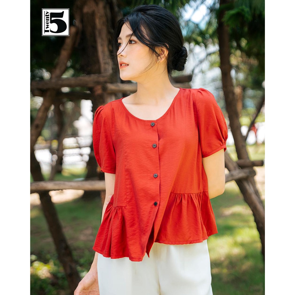 Áo sơ mi nữ công sở đỏ vintage viền gấu bèo cổ tròn Twentyfive SA11