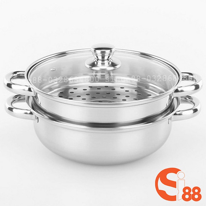 Nồi Hấp Inox 2 Tầng Size 28cm, Nồi Lẩu Nồi Hấp 2 Tầng Đa Năng DT04