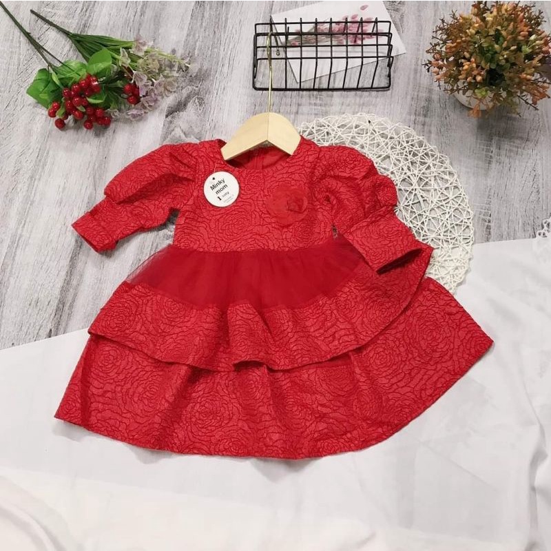 Đầm gấm hoa tay phồng cho bé gái 8-20kg (Đỏ+ Vàng)