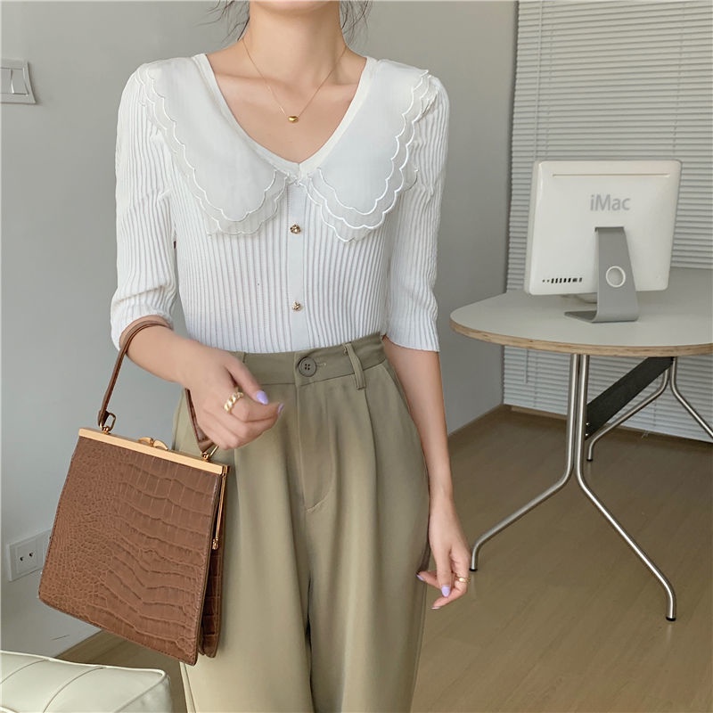 Áo Len Tay Ngắn Cổ Búp Bê Phong Cách Hàn Quốc Dành Cho Nữ