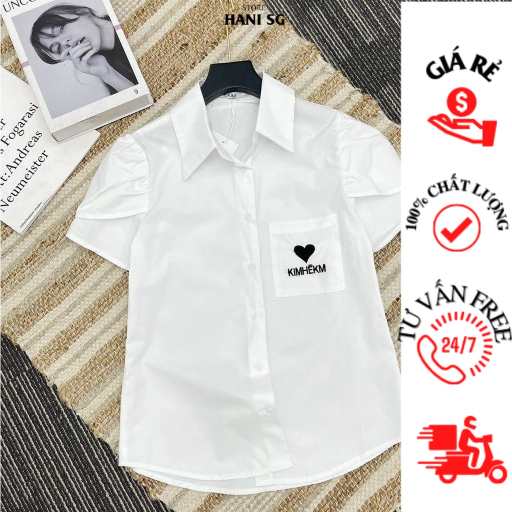 Áo sơ mi trắng tay ngắn thêu trái tim,ÁO SOMi HỌC SiNH FROM CHUẨN size dưới 55kg CC
