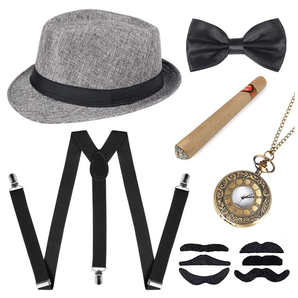 Gatsby Bộ Râu Giả Màu Đen Mũ Đội Có Dây Đeo Giả Xì Gà Retro