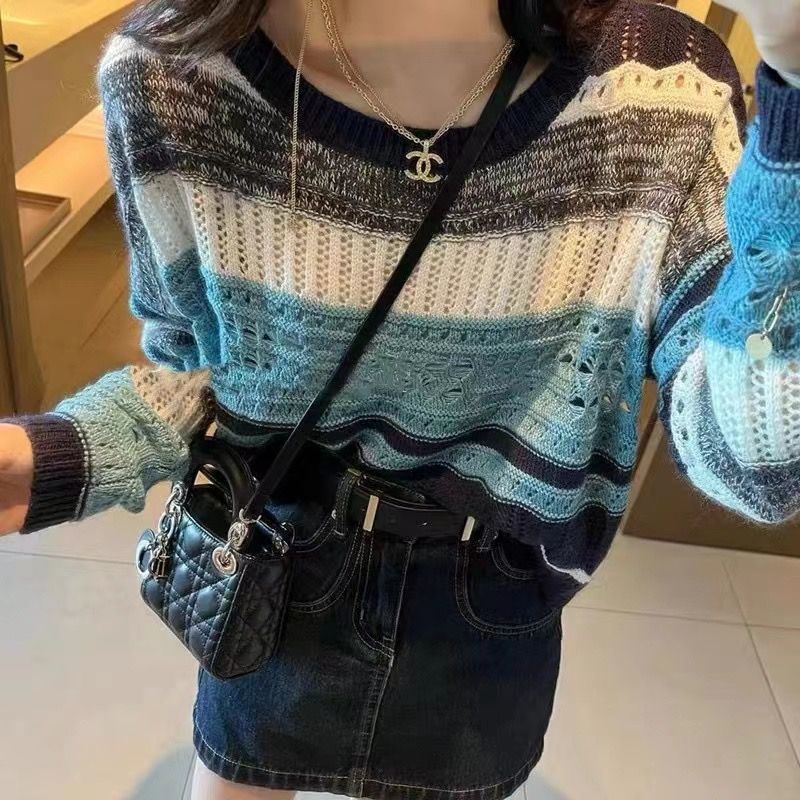 Áo Sweater Dệt Kim Mỏng Dáng Ôm Họa Tiết Kẻ Sọc Màu Xanh Dương Phong Cách Cổ Điển Thời Trang Cho Nữ