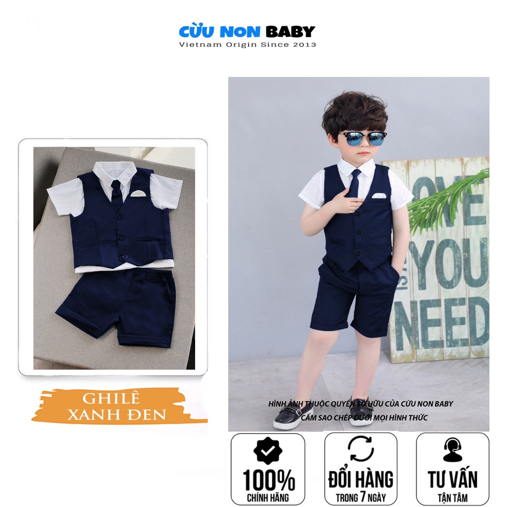 Bộ Vest Ghile Bé Trai Công Tử Bạc Liêu Sang Chảnh + Tặng kèm áo thun cổ sơ mi  - Xanh