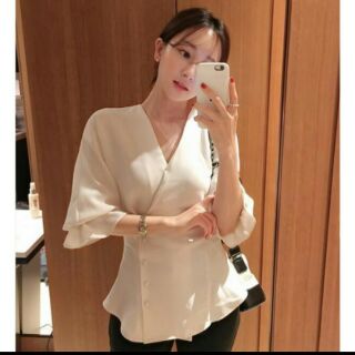 Áo sơ mi cổ V chéo chun eo ulzzang