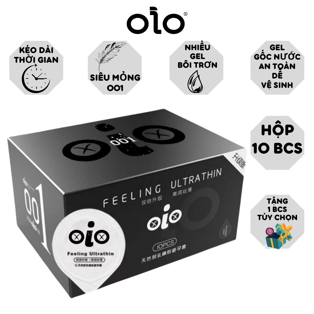 Bao cao su OlO đen siêu mỏng 001, kéo dài thời gian nhiều gel bôi trơn, chống xuất tinh sớm hương vani Hộp 10 bcs