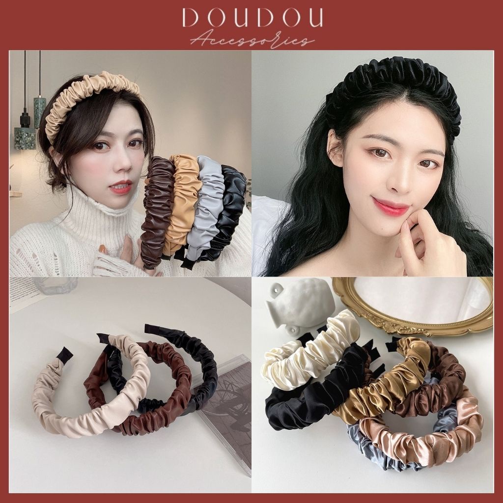 Băng đô cài tóc DOUDOU Bờm tóc nữ chất liệu vải lụa nhún tiểu thư công chúa phong cách Hàn Quốc vintage thời trang FG019