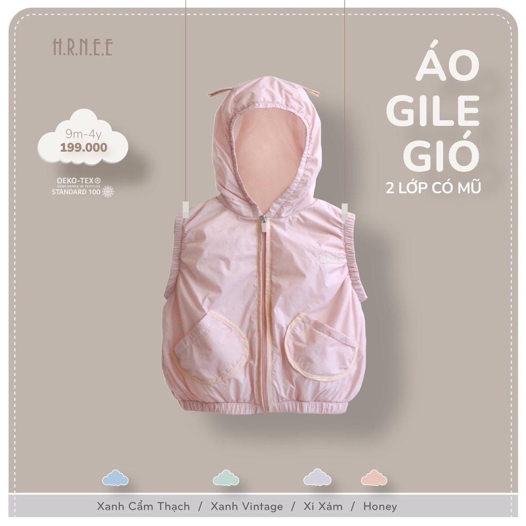 Hrnee Áo Gile gió 2 lớp chống nước, có mũ cho bé 2022