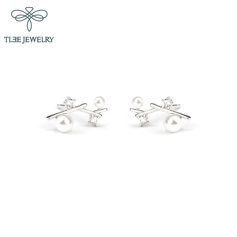 Khuyên tai bạc nữ TLEE cành lá đính ngọc trai nhân tạo nữ tính TleeJewelry B0173