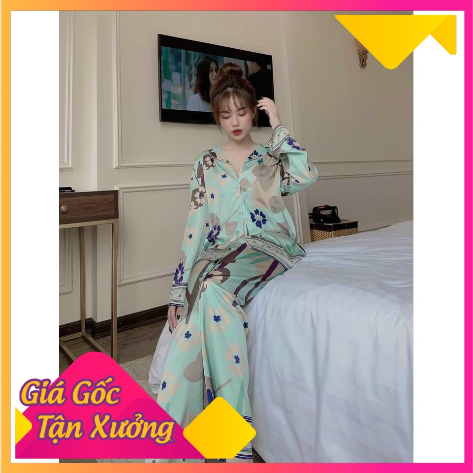 Bộ đồ ngủ mặc nhà LyLy dài tay lụa satin kiểu pijama hoạt tiết sang trọng L208 | BigBuy360 - bigbuy360.vn