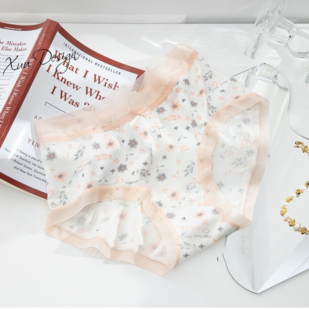 Quần lót cotton nữ họa tiết XUU, thiết kế phối nơ ren ngọt ngào QC74