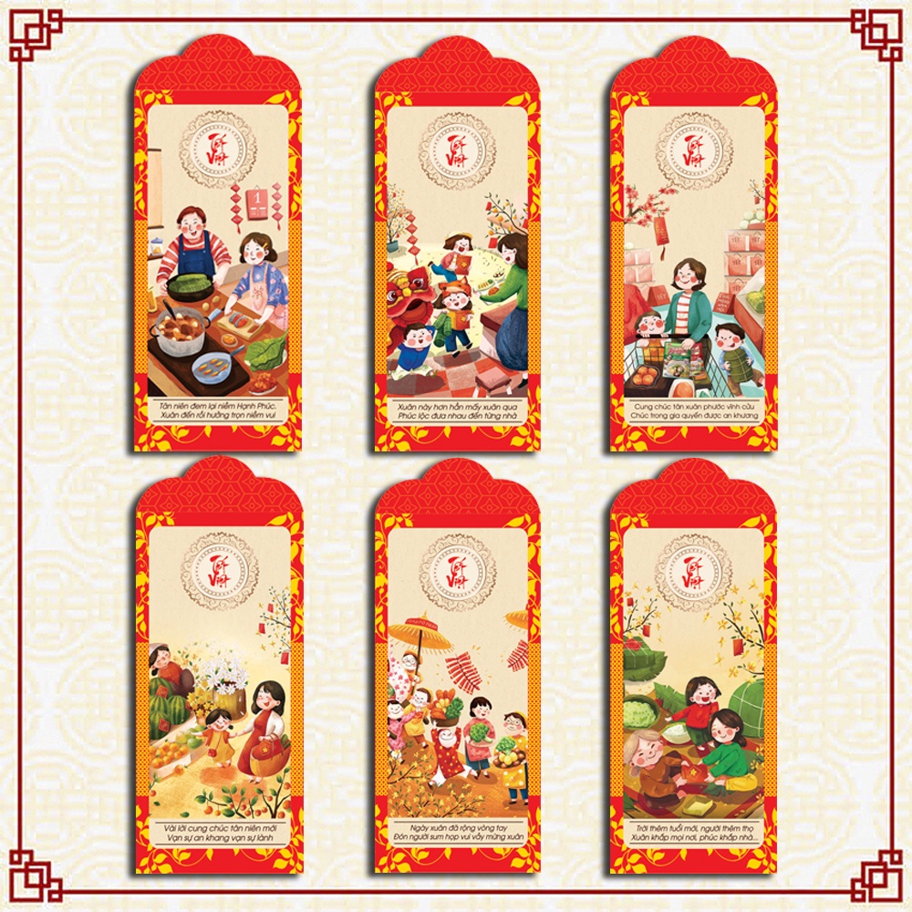 Set 100 Bao lì xì tết 2024 xuân quý mão nhiều màu đỏ xi măng đẹp