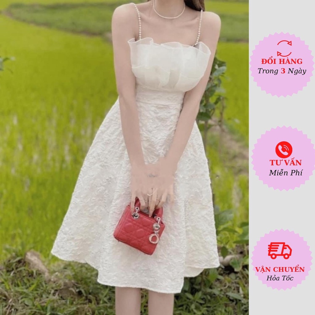 Váy 2 dây nữ trắng ngọc gấm xốp phối viền tơ ngực dáng dài maxi đi tiệc cưới tiểu thư bánh bèo