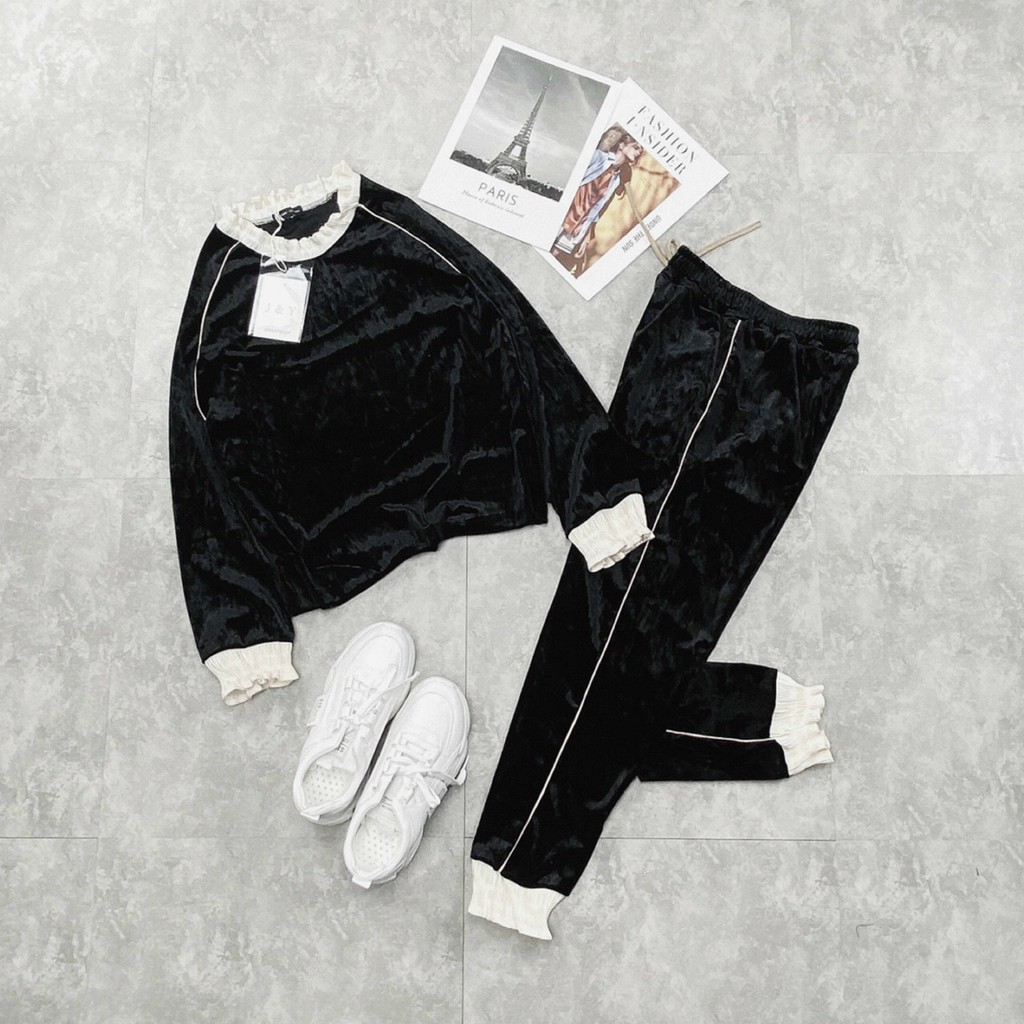 bộ đồ nữ thu đông dài tay chất nỉ nhung bo viền điệu đà | BigBuy360 - bigbuy360.vn