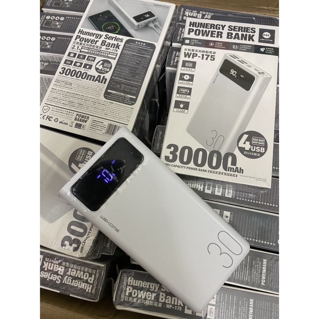 Pin sạc dự phòng 30000mah WK 175, sạc đa năng - đèn led hiển thị pin, 4 cổng USB đa năng, hàng chính hãng