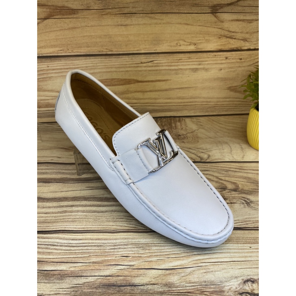 Giày Mọi Trắng Nam Da Bò Thật-Giày Lười Da Cao Cấp Màu Trắng Khoá LV -MV99 Giày SAGO’S tặng 1 vớ BH 12 tháng