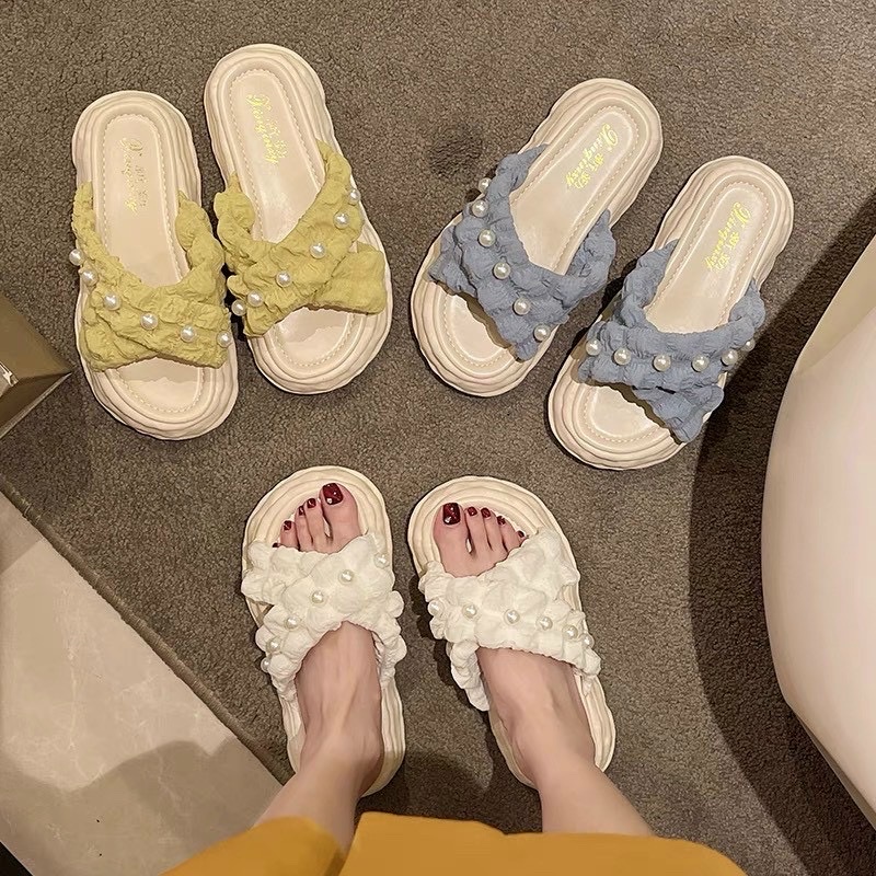 FREESHIP DÉP NỮ QUAI BÈO ĐÍNH NGỌC ĐẾ BÁNH MỲ CAO 3P ÊM CHÂN