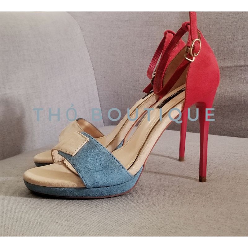[HÀNG MỸ] Giày sandal cao gót BIRD SHOES da lộn nude phối màu đỏ xanh 10cm size 37