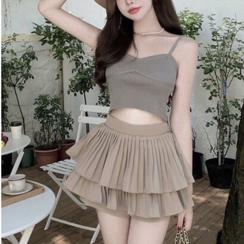 Áo cúp ngực dáng xoè và áo cúp ngực phối nơ kèm chân váy dập ly hai tầng siêu xinh