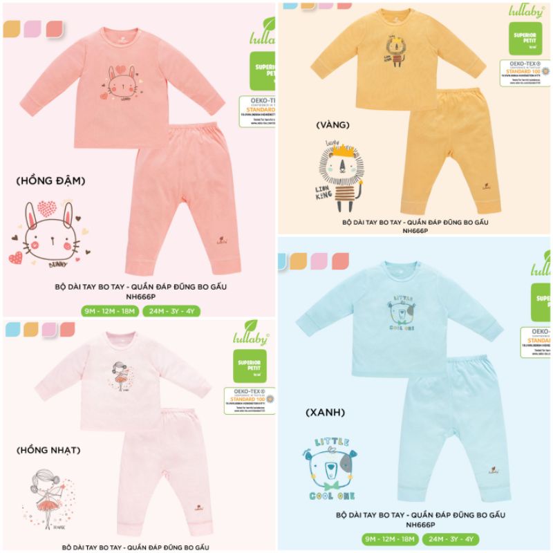 (9-&gt;24 tháng) Bộ dài tay cài vai đáp đũng Lullaby - chất Petit co giãn, siêu mềm mịn (NH666P)