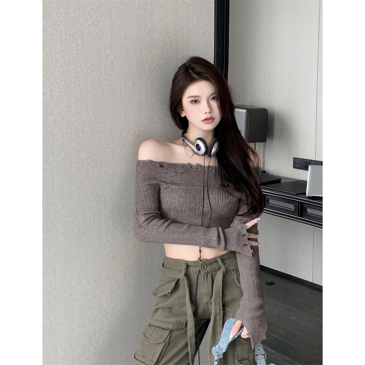 Áo sweater Dệt Kim Mỏng Màu Trơn Trễ Vai Thiết Kế Rách Cá Tính