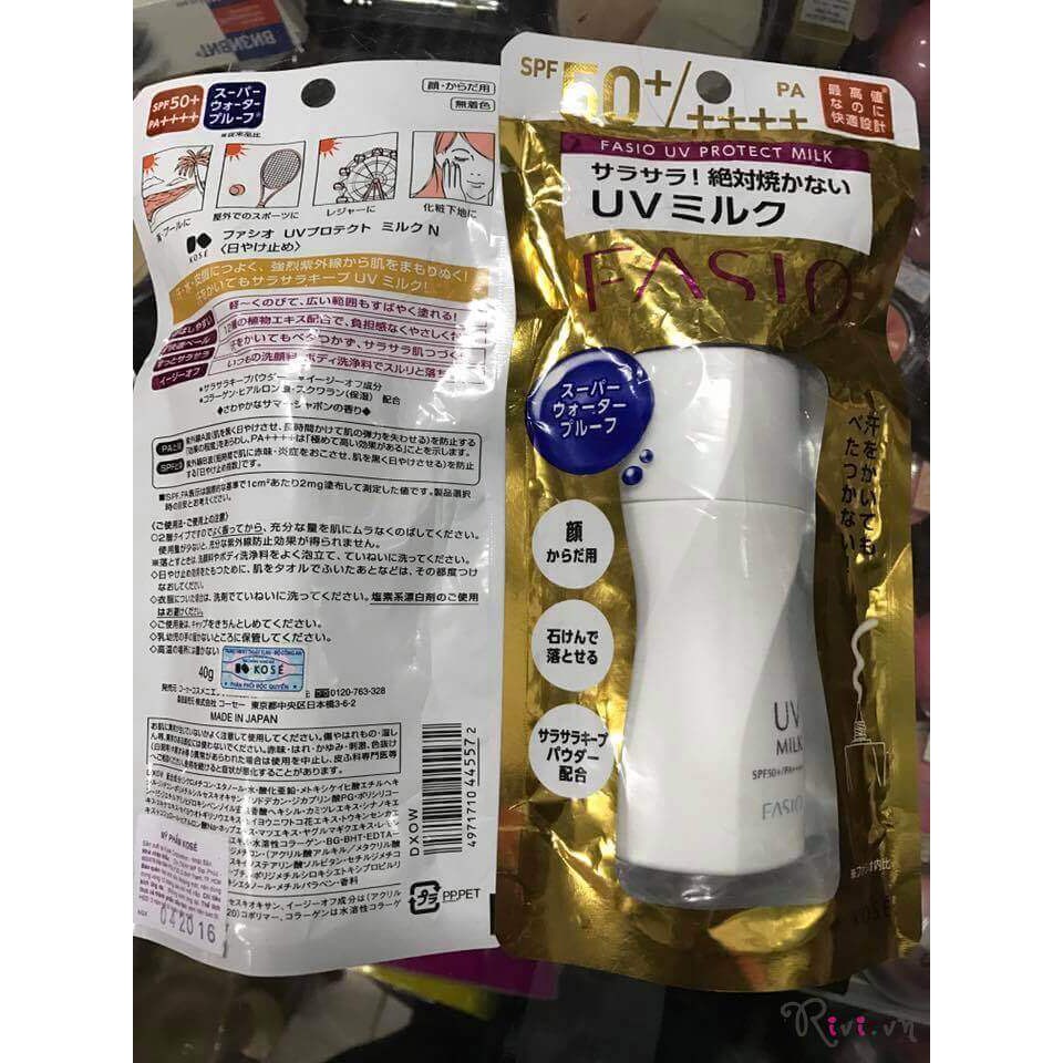 KEM CHỐNG NẮNG DẠNG SỮA FASIO UV PROTECT MILK N (WATERPROOF) SPF 50+/PA++++