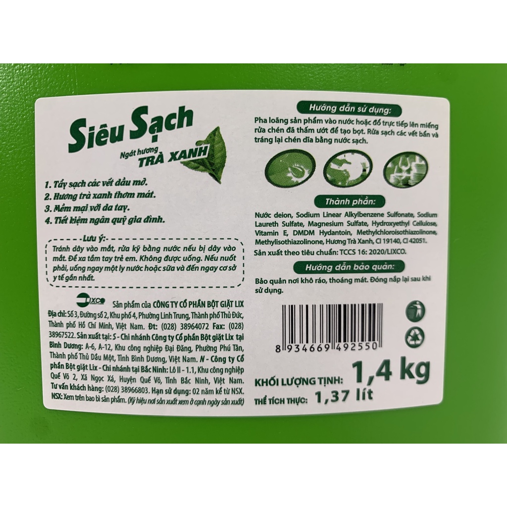 Nước Rửa Chén Lix Siêu Sạch Hương Trà Xanh 1.4Kg N8106 thơm dịu sạch bóng vết dầu mỡ