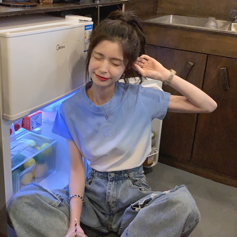 Áo thun croptop tay ngắn nhuộm màu loang độc đáo thời trang hè cho nữ