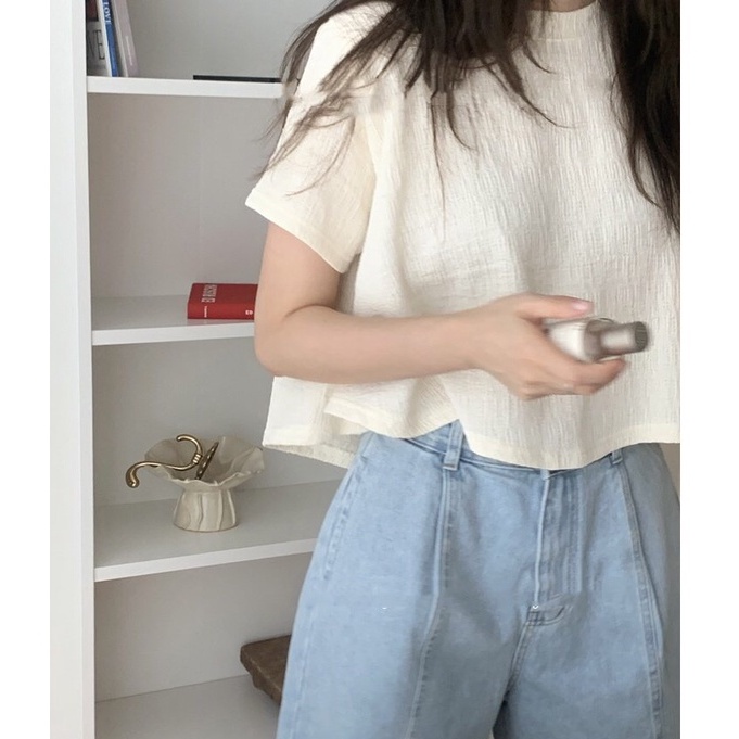 Áo Thun Tay Ngắn Cổ Tròn Màu Sắc Đơn Giản Phong Cách Hàn Quốc