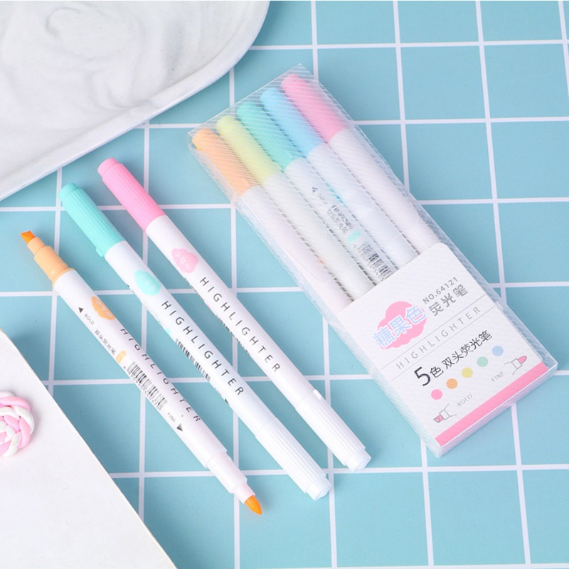 Seng Set 5 Bút Đánh Dấu Hai Đầu Màu Huỳnh Quang Dễ Thương Dành Cho Học Sinh Tiểu Học / Bé Gái