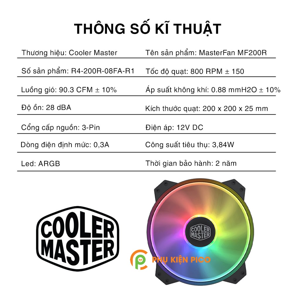 Quạt tản nhiệt Case Cooler Master MF200R ARGB 20CM - Coolermaster MasterFan MF200R ARGB - Fan Case 20cm