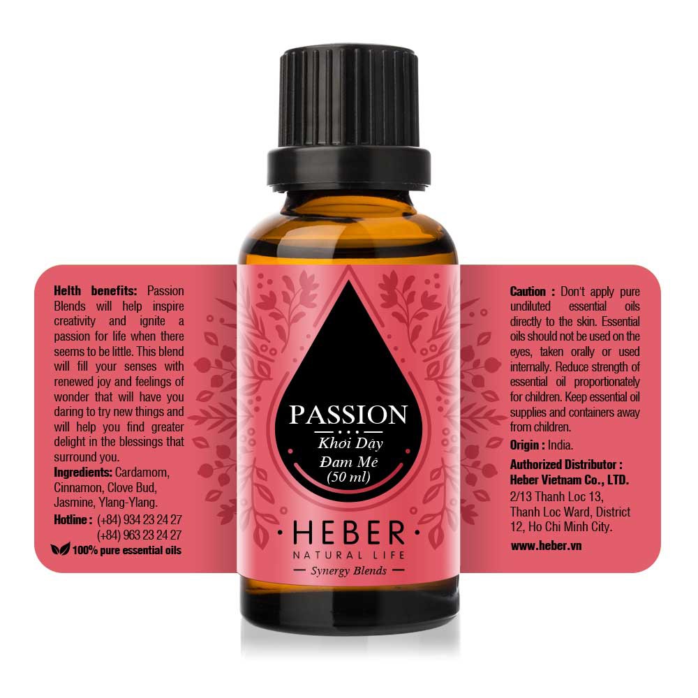 Tinh Dầu Khơi Dậy Đam Mê Heber - Passion E.O. Blend, Cao Cấp Nhập Khẩu, Thiên Nhiên Nguyên Chất, Xông Hương Thơm Phòng