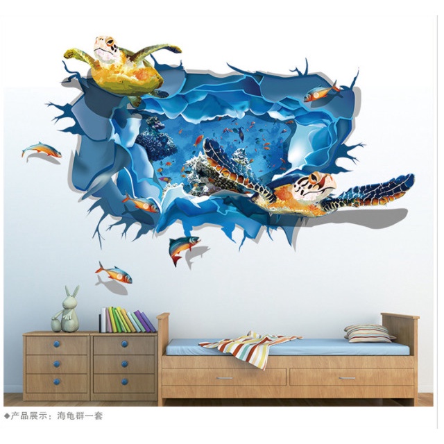 Decan dán tường đẹp, decan 3D hình Rùa Biển 0953