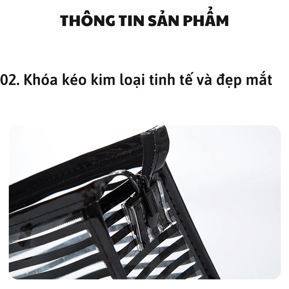 [Xukashop] Túi đựng mỹ phẩm du lịch đa năng trong suốt họa tiết kẻ sọc đựng đồ trang điểm tiện lợi