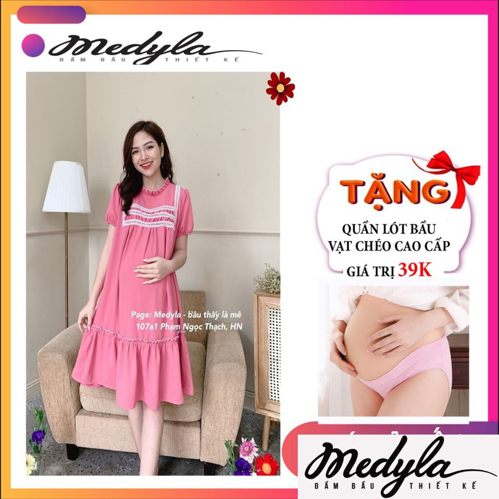 Vay Bầu Mua He Hồng đuoi Ca đầm Bầu Xếp Ly Cổ Beo V53 Gia Cạnh Tranh