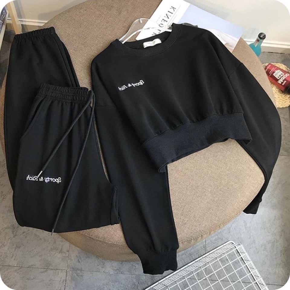 Sét bộ nỉ nữ thể thao unisex thêu chữ- áo croptop dài tay kèm quần jogger chất da cát dày dặn phong cách ulzzang