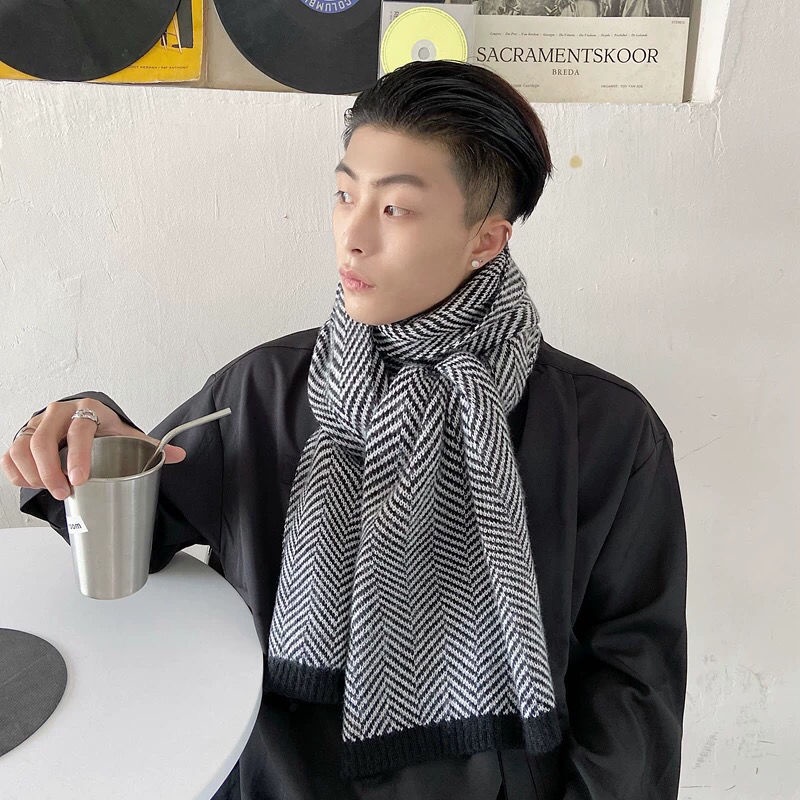 Khăn Choàng Cổ Mùa Đông Phiên Bản Hàn Quốc Dày Dặn Họa Tiết Xương Cá Đơn Giản Dễ Phối Đồ Cho Cặp Đôi ins M