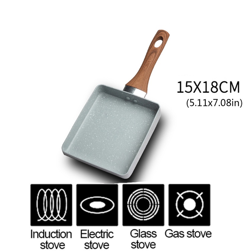 Chảo chiên trứng hình chữ nhật bằng đá maifan không dính có tay cầm chống bỏng phong cách Nhật Bản màu đen 13x18cm