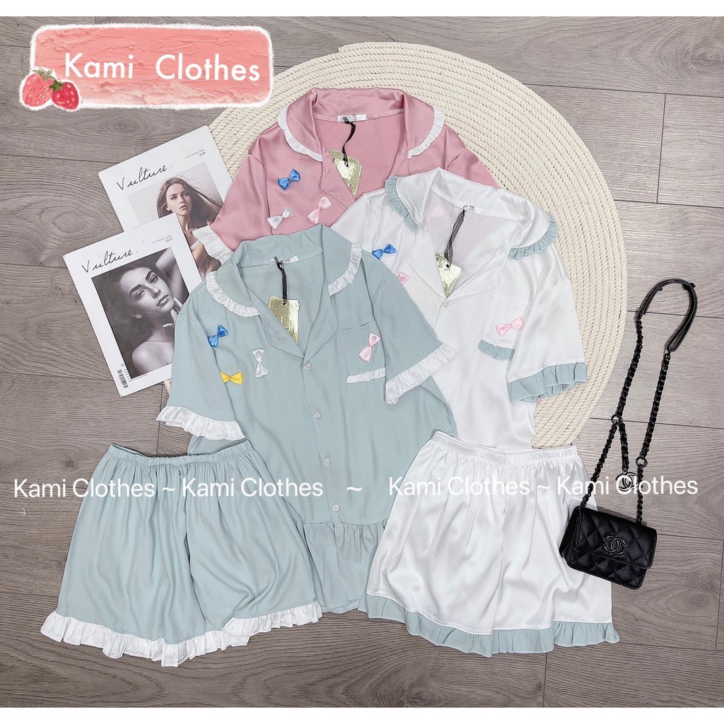 Set áo babydoll lụa nơ viền bèo và quần đùi tiểu thư bánh bèo Ulzzang, bộ ngủ nữ lụa cao cấp - KAMI Clothes | BigBuy360 - bigbuy360.vn