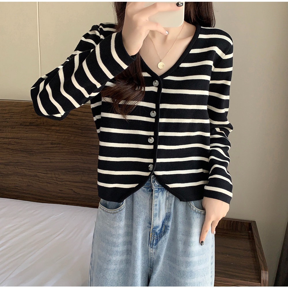 Áo cardigan dệt kim ZHELIHANGFEI tay dài cổ V eo cao họa tiết kẻ sọc