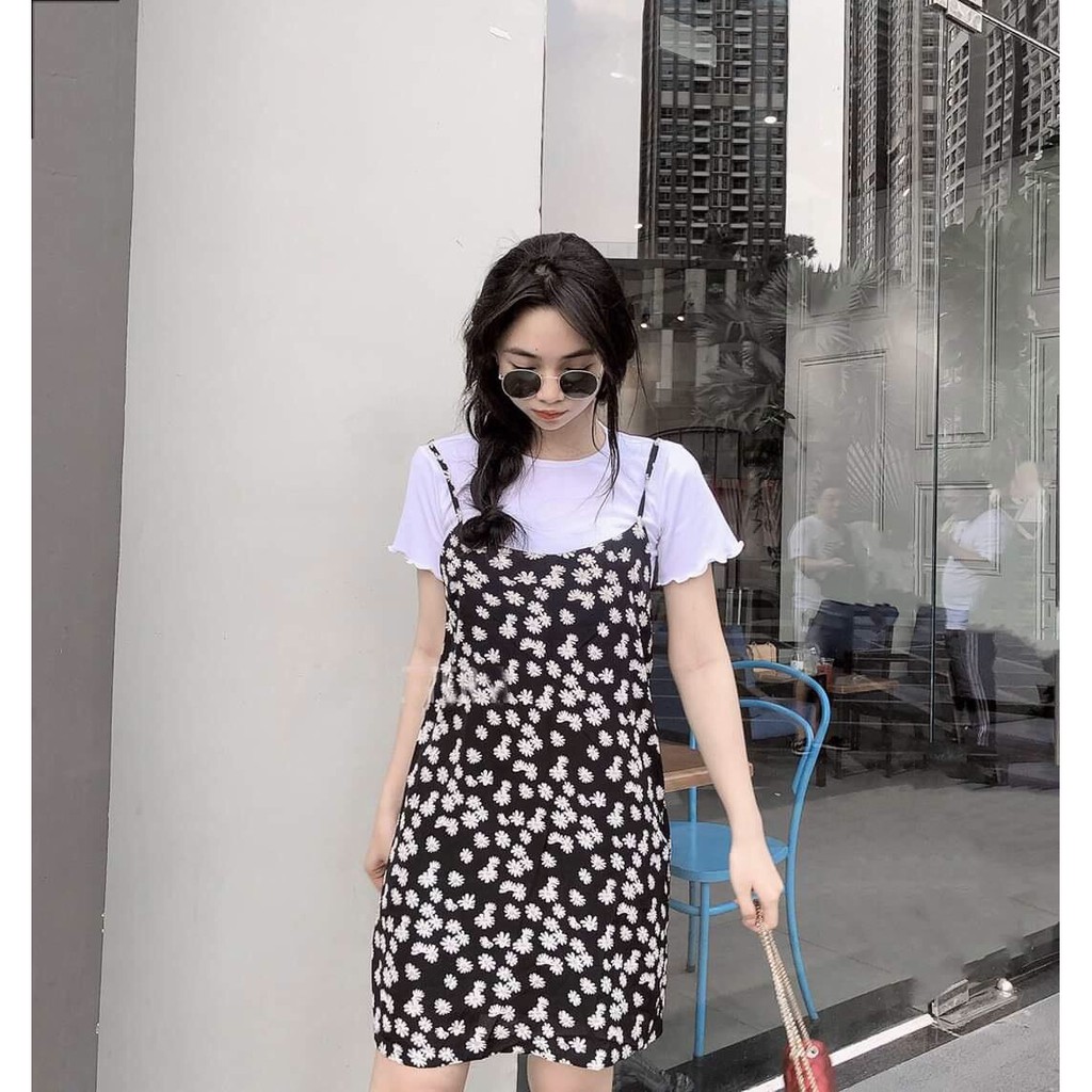Set đầm bi hai dây kèm áo thun