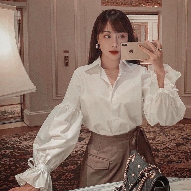 Áo sơ mi tay phồng CỔ BẺ CỘT NƠ rút dây xinh xắn ❤