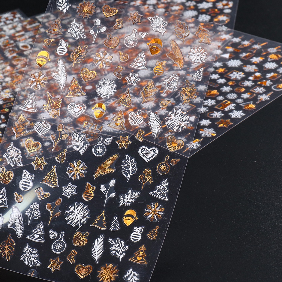 [Hàng mới về] Tờ miếng dán móng tay nghệ thuật họa tiết hình học bông tuyết 3D màu sắc lấp lánh trang trí giáng sinh