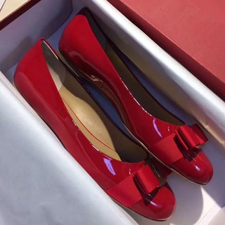 TQLJ Ferragamo 2022 new bow flat shoes genuine leather single shoes thick heel mid heel patent leather women's shoes red wedding shoes