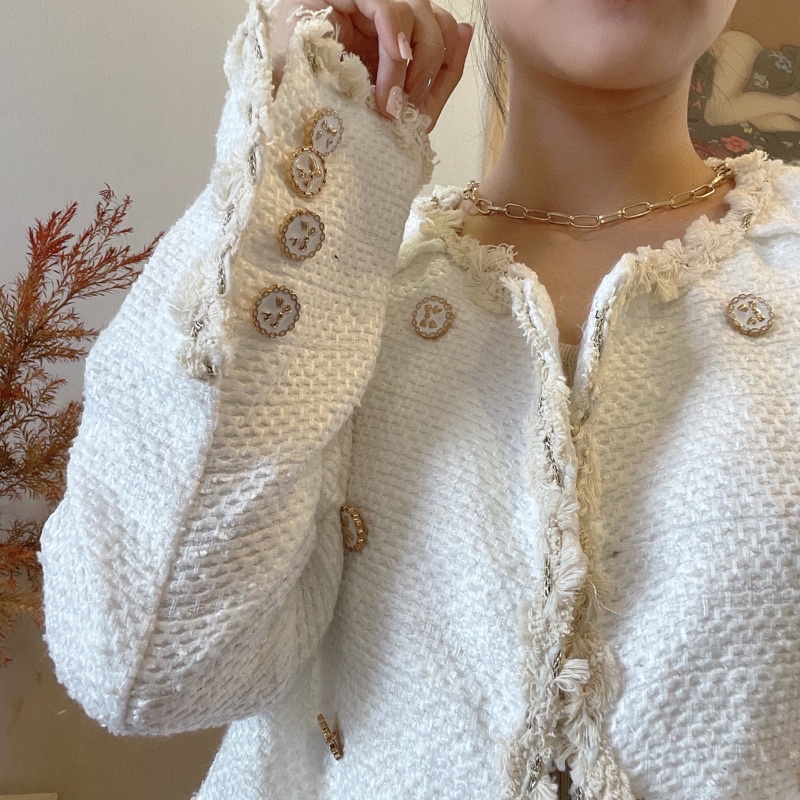 Áo khoác dạ tweed cổ tròn phong cách Hàn Quốc